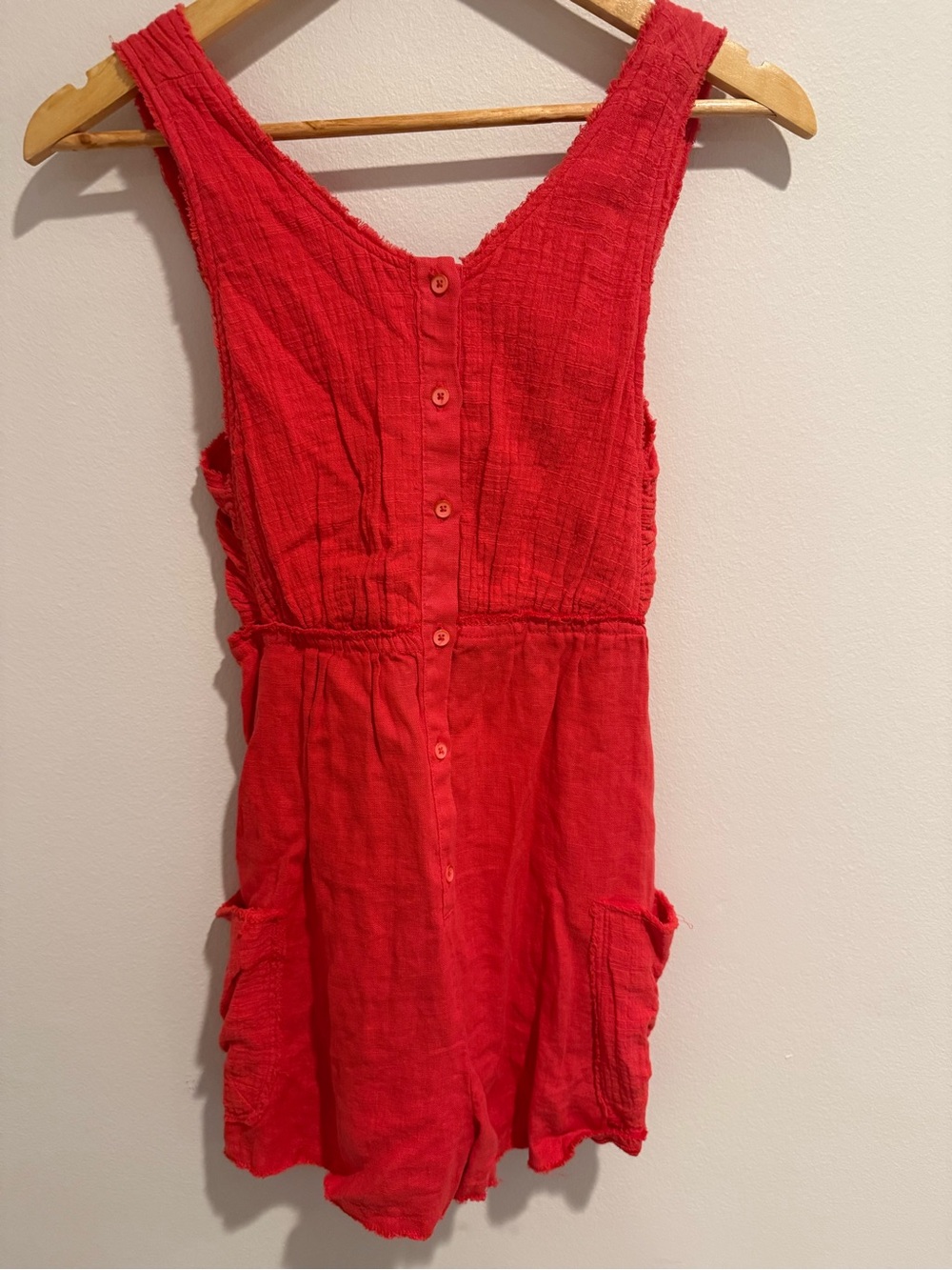Zara Girls Coral Red Cotton Gauze Tie Front Romper Pockets NWT Size 13-14